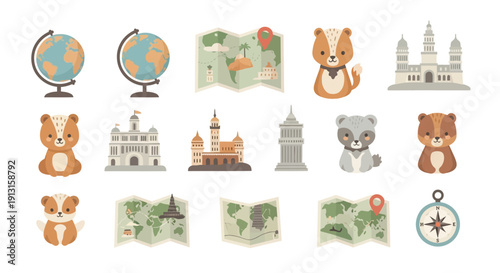 Cartoon travel icons set with globes maps animals and buildings illustration
