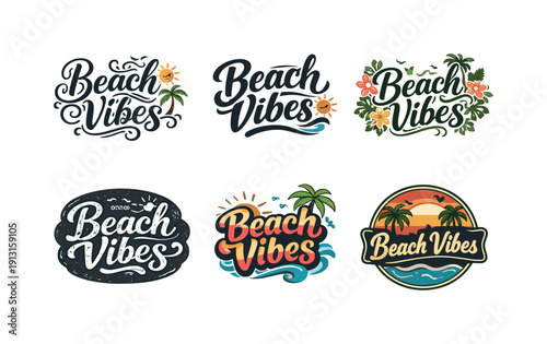 Colorful Beachwear Icons. Beachwear icons. Set lettering. harmonious lettering variations of the same emblematic concept, each with different