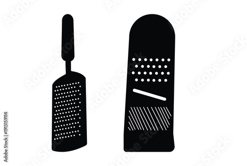 Kitchen Grater Icon Set in Line Art and Solid Style, Black and White Vector Illustration for Cooking and Food Preparation