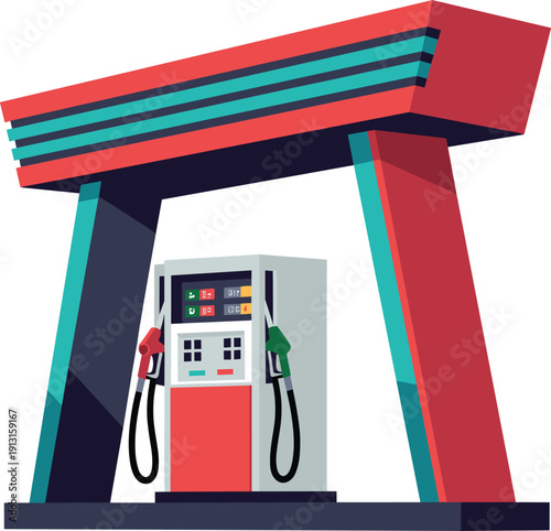 Gas station fuel pump under modern canopy, petrol service concept, transportation energy supply, automotive refueling, oil industry vector isolated on light background