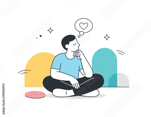 Inner reflection. Single abstract character sitting among soft geometric shapes, showing introspection and emotional awareness. Peaceful mood