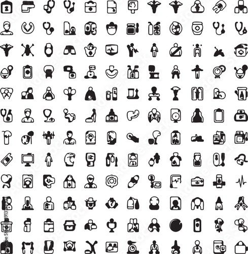 Simple black medical icons collection on transparent background for healthcare and wellness design
