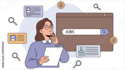 Flat vector illustration of a recruitment agent reviewing a candidate's resume. Concept of human resource management, hiring, job interview, and recruitment.