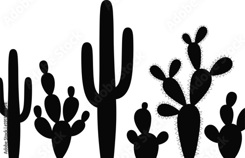 Vector illustration of cactus silhouette collection—symbols for desert plant, succulent design, arid environment, botanical diversity, nature icon, ecological adaptation, and survival representation