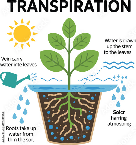Plant transpiration diagram showing water movement from roots to leaves, evaporation process, biology education concept, vector illustration isolated on light background
