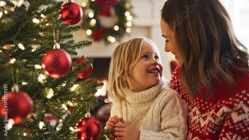 Happy family decorating holiday tree together festive season celebration child and adult hang ornaments on evergreen branch joyful winter time