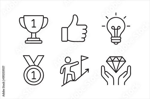 Line art icons representing success achievement and positive concepts