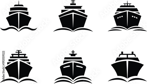 A collection of six black silhouette icons illustrating various ships and boats with ocean waves