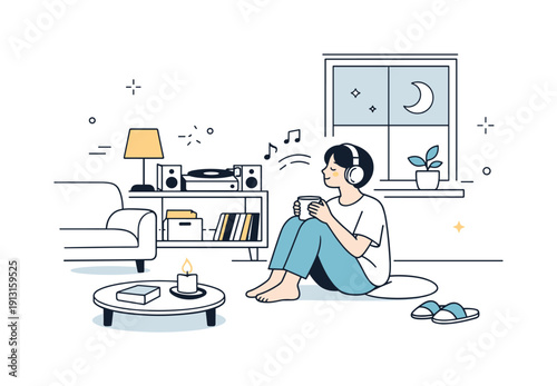 Peaceful Musical Moment. Quiet evening with music. A minimal living room scene with a person listening to music near a window, soft light and stillness. Calm