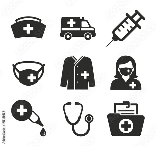 Healthcare worker and hospital equipment icons collection including ambulance syringe surgical mask and patient records for clinic