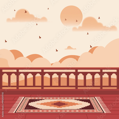 Serene desert balcony with ornate rug and stunning sunset view