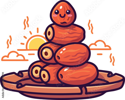 Stacked sausages on a platter with sunset sky