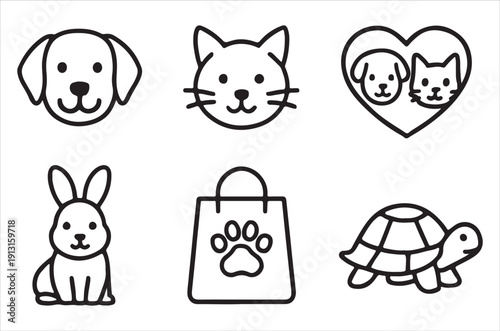 Simple line art icons of pets a rabbit and related items