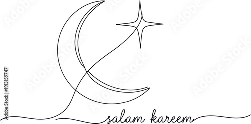 Continuous One Line Drawing of Crescent Moon and Star with Salam Kareem Typography Minimalist Islamic Art for Ramadan Kareem and Eid Mubarak Greeting Cards (24 words)