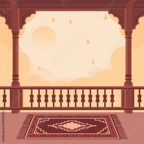 Serene Indian balcony with ornate railing and patterned rug at sunset
