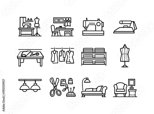 Tailor Atelier. Line icon set of Tailor Atelier: tailor studio, atelier interior, sewing machine, pressing iron, tailoring table, wall