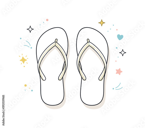 Image Generation. Flip flops minimal. Simple flip flops viewed from above, neatly aligned on a clean background. Calm summer mood, focus on shape and balance.