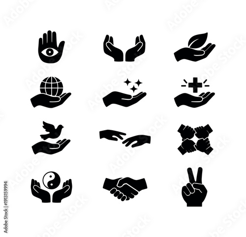 Symbolic hands. Solid icon set of Symbolic hands: hand with eye, protective hand, hand with leaf, hand and globe, hand with sparkles, healing
