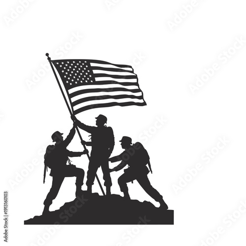 Silhouette of soldiers raising American flag on rocky terrain, symbol of patriotism and freedom, national pride
