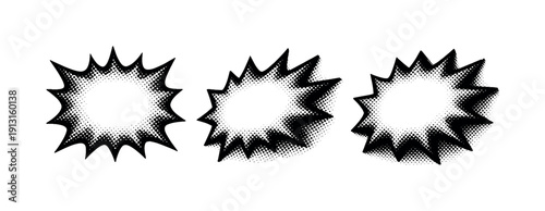 Halftone explosive burst label An explosive burst shape with negative space for typography shown in front view, side-angled view, and