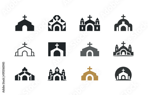 Monastic life. Icon set. Set Logo of monastic life: monastery building with arch and cross. harmonious logo variations of the same emblematic