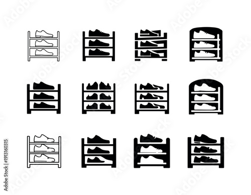 Shoe Rack Icon Variations. Organizing shoes with a shoe rack. Icon set. Set Logo of Organizing shoes with a shoe rack: stacked shoes on rack. harmonious logo