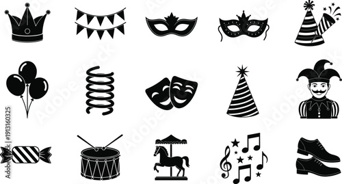 Party carnival silhouettes collection featuring masks, balloons, crown, drum, music notes, carousel horse, and celebration icons vector set