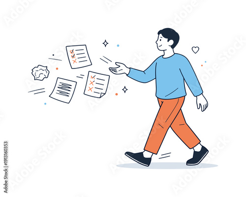 Image Generation. Overcoming perfectionism and fear of failure. A person gently releasing crossed-out notes and checklists, taking a calm step forward with