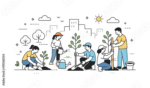 Urban tree planting initiative. Volunteers planting trees along a street or park, city shapes softly suggested in the background. Greener
