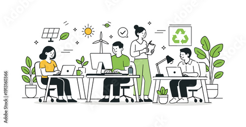 Image Generation. Eco-friendly office. Employees working at desks surrounded by indoor plants and natural light. The scene conveys balance, wellbeing, and