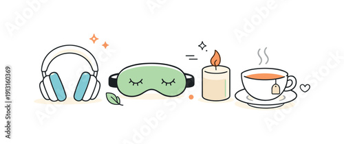 Wellness Essentials Art. Relaxation and wellness items. A balanced composition of headphones, eye mask, candle, and tea cup, suggesting rest and mindfulness.