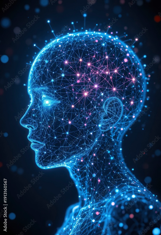 Obraz premium A person dissolving into particles of data, the concept of artificial intelligence