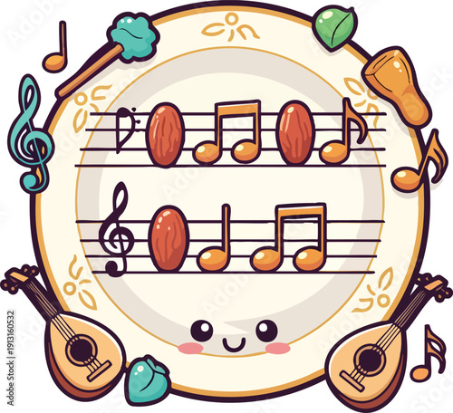 Smiling tambourine with musical notes and guitars