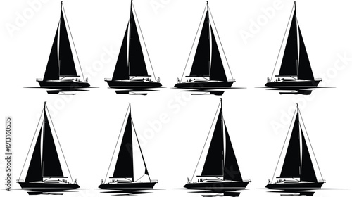 Sailing yacht silhouette collection featuring modern sailboats on water, marine transport vessels, nautical travel symbols isolated vector illustration set
