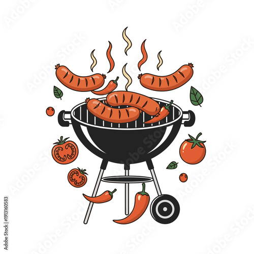 Bbq grill with sausages and vegetables minimal vector illustration