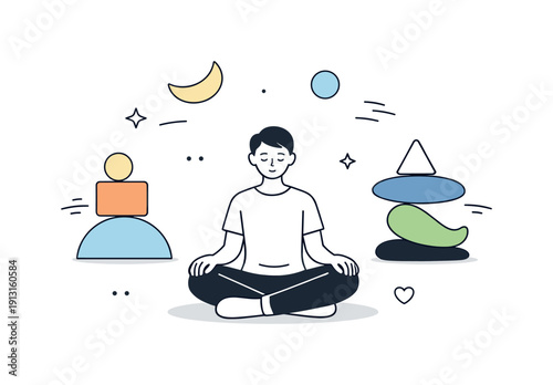 Beginning emotional recovery. A person sitting calmly as abstract shapes slowly settle into balance around them. The scene suggests