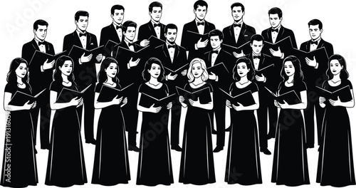 Silhouette choir group singing with sheet music isolated on white background vector illustration classical vocal ensemble performance set