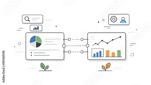 Image Generation. Reconnecting dashboard systems. An editorial transition scene where floating dashboards slowly realign and connection lines reappear between