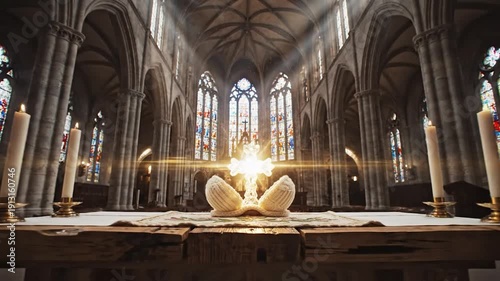 Glowing spiritual symbol with knitted baby booties inside sacred architectural space