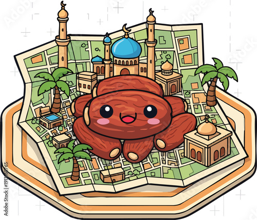 Cute brown plush bear on a map of city landmarks