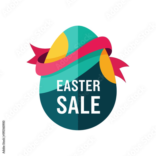Easter sale sign with colorful egg and ribbon vector graphic isolated on White Background