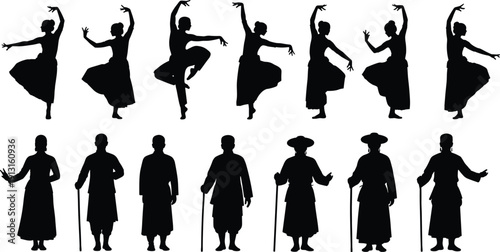 Traditional dancer and cultural people silhouette collection featuring classical dance poses and ethnic costume standing character vector illustration set