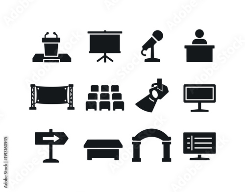 Presentation Icons Collection. Presentation Area. Solid icon set of Presentation Area: podium stage, projection screen, speaker microphone, info desk, event