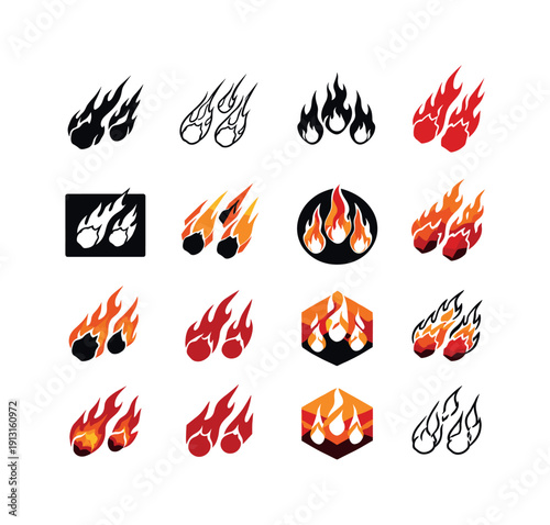 Fire and Brimstone Icons. Fire and brimstone raining down. Icon set. Set Logo of Fire and brimstone raining down: burning rocks mid-fall. harmonious logo