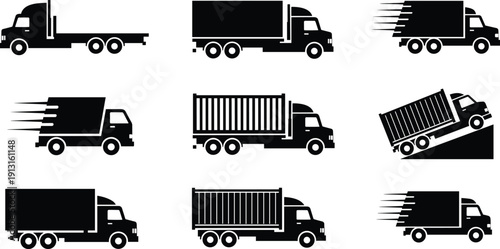 Commercial delivery truck collection featuring cargo transport vehicles including flatbed box container and dump trucks vector illustration set