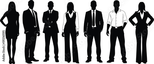 Business people silhouettes collection featuring professional men and women in formal attire standing corporate vector illustration set