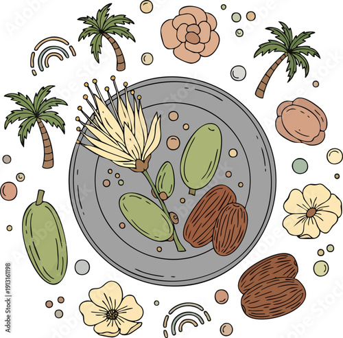 Cocoa beans and palm motifs arrangement on circular plate