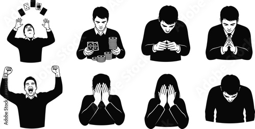 Gambling player emotion silhouettes showing winning celebration, losing despair, casino betting reactions, and poker game expressions isolated vector illustration set