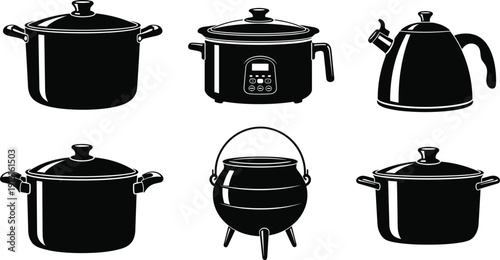 Kitchen cookware silhouettes collection featuring stock pot, slow cooker, kettle, cauldron, and cooking utensils isolated vector illustration set
