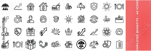 Employee benefits outline icon set. Health insurance pension salary and worker wellness collection. Editable stroke. Vector illustration